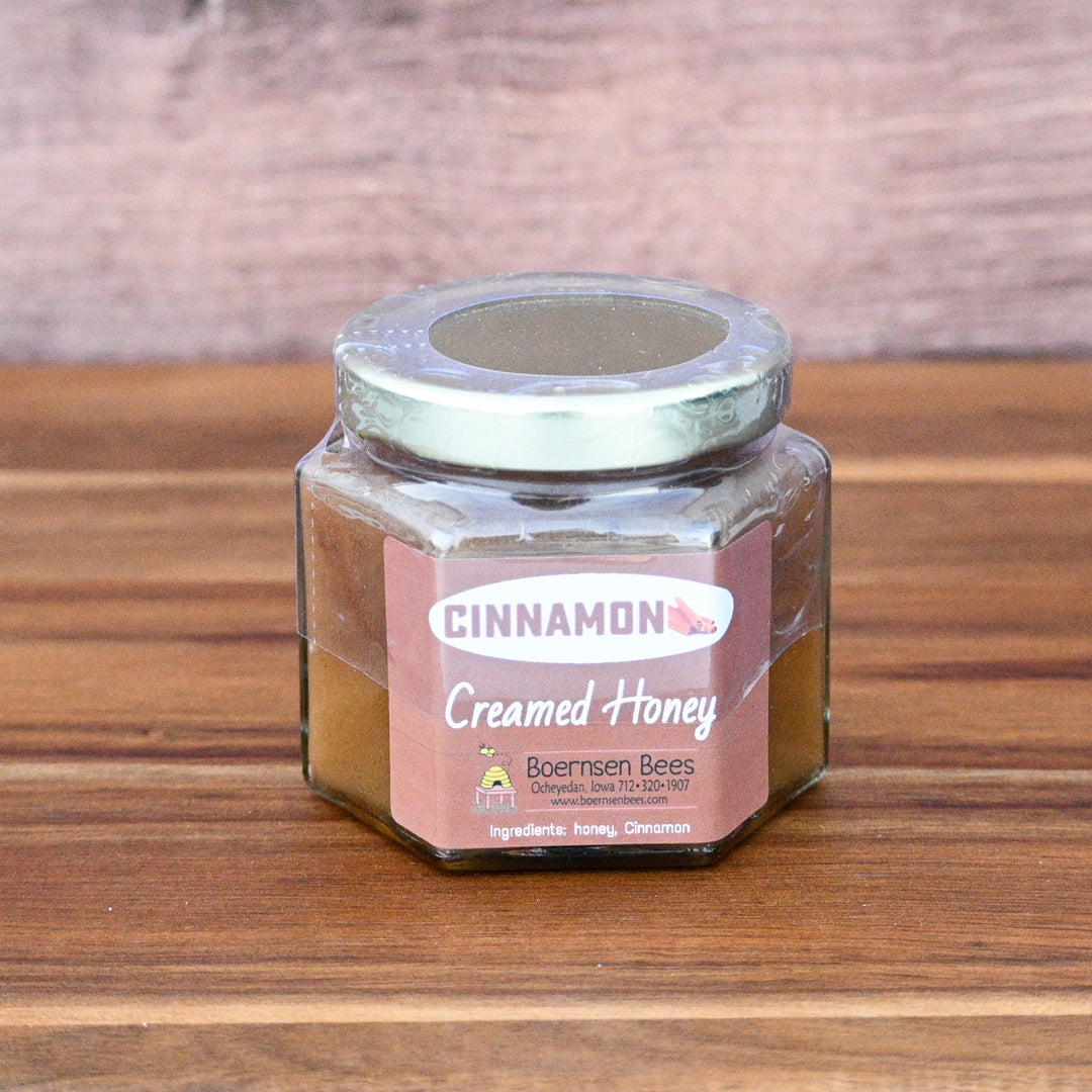 cinnamon flavored creamed honey in a six ounce jar