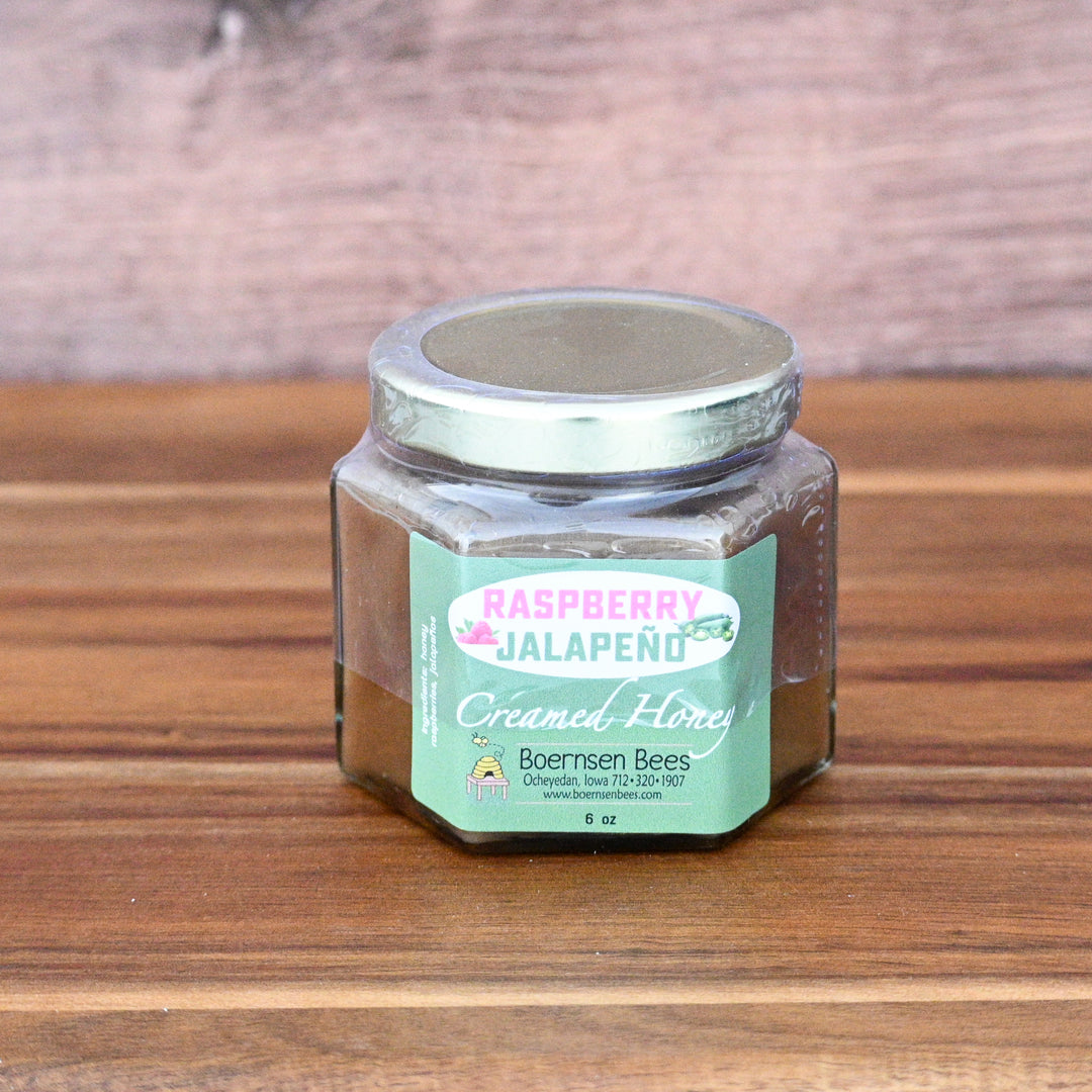 six ounce jar of raspberry jalapeno creamed honey