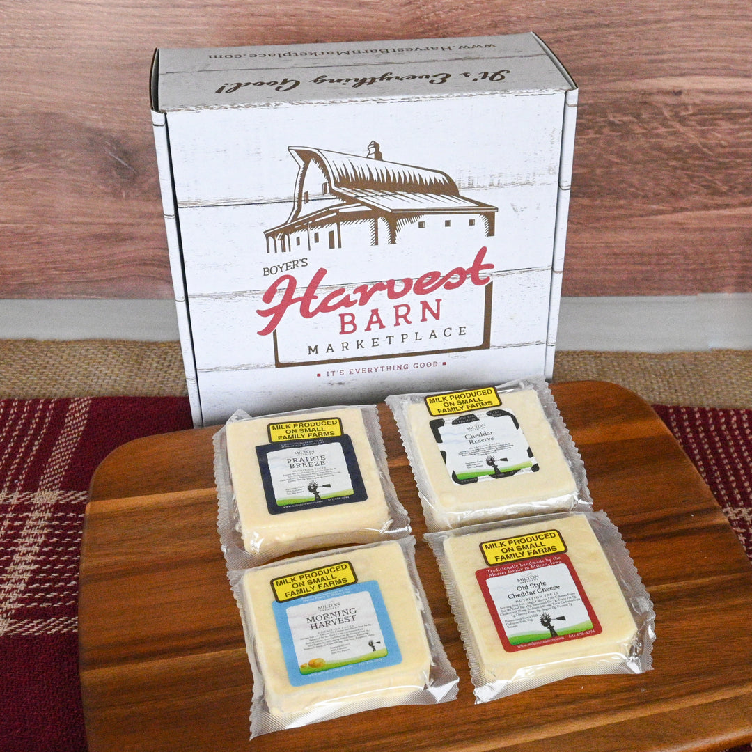 Harvest Barn gift box with Milton Creamery Cheese in front of it