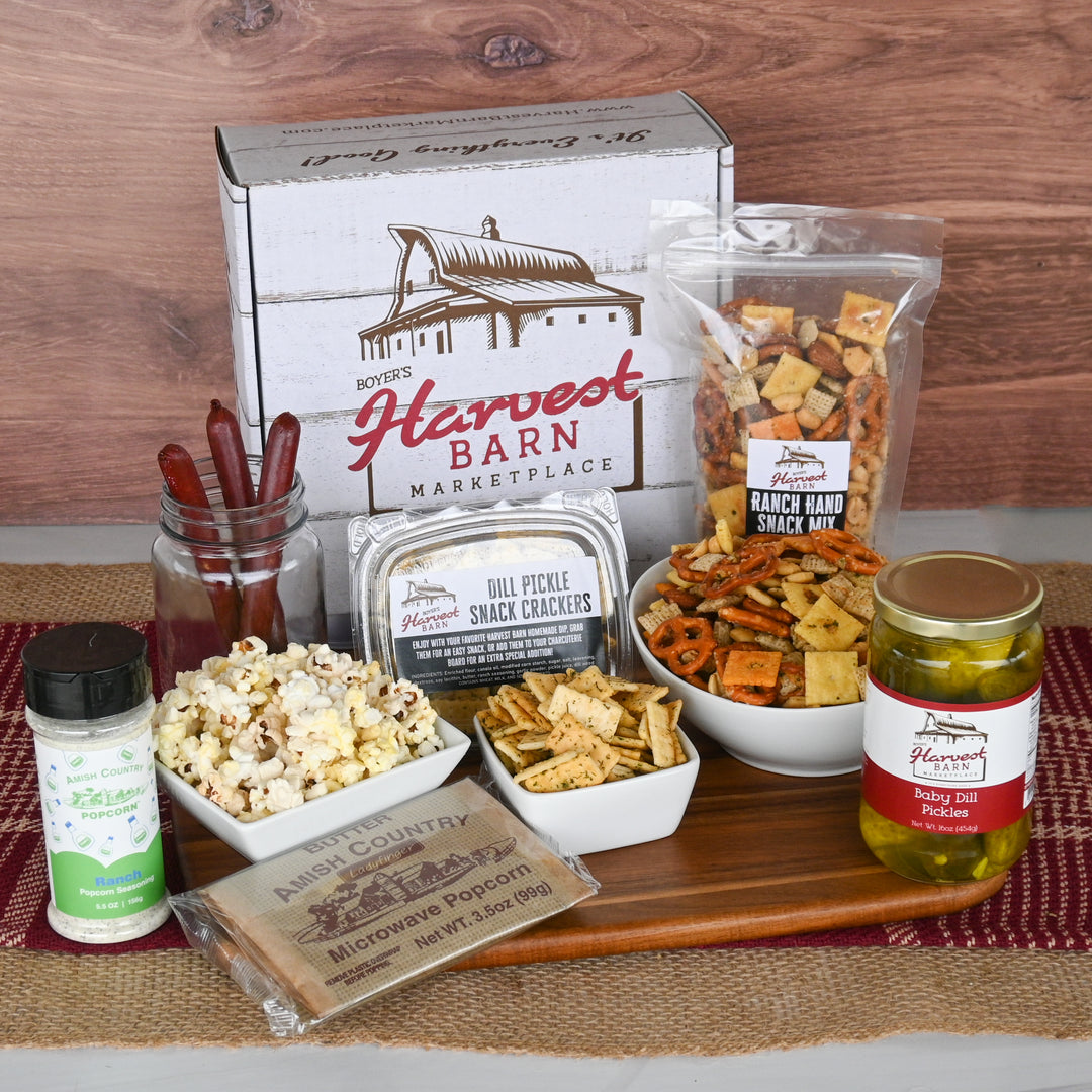 Harvest Barn Gift box featuring dill pickle and ranch food products