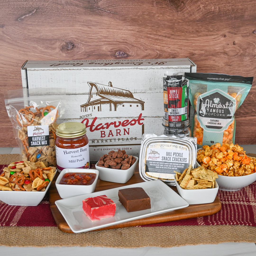Gift Box with fudge, snack mix, beef sticks and more displayed in front of it