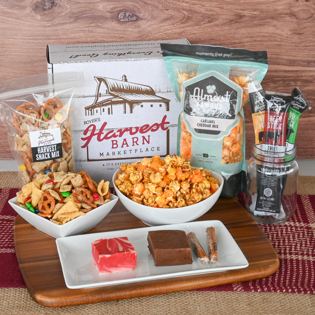 harvest barn gift box including beef sticks, fudge, popcorn and snack mix