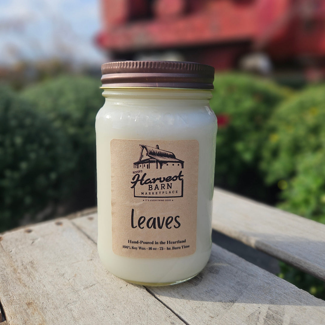 A glass mason jar candle with a brown metal lid sits on a weathered wooden surface outdoors. The candle wax is off-white, and the front label reads 'Harvest Barn Adventure' and 'Leaves'.
