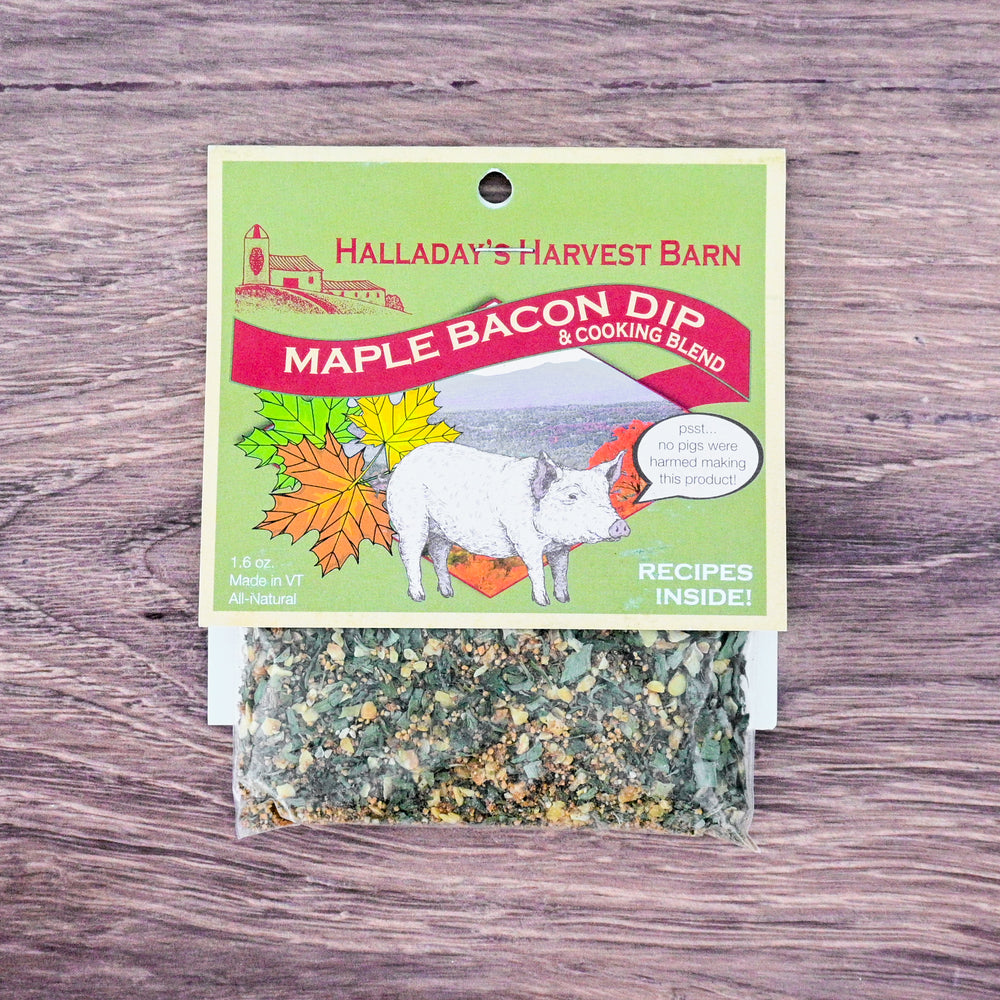 Halladay's Harvest Barn Maple Bacon Dip & Cooking Blend package on a wooden surface
